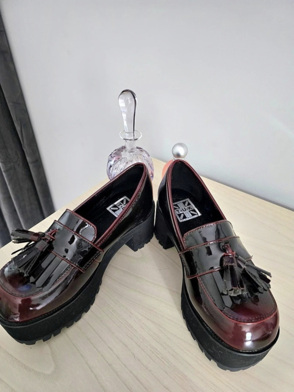 T.U.K. Burgundy Gradient Loafer Platform. Patent Shoes